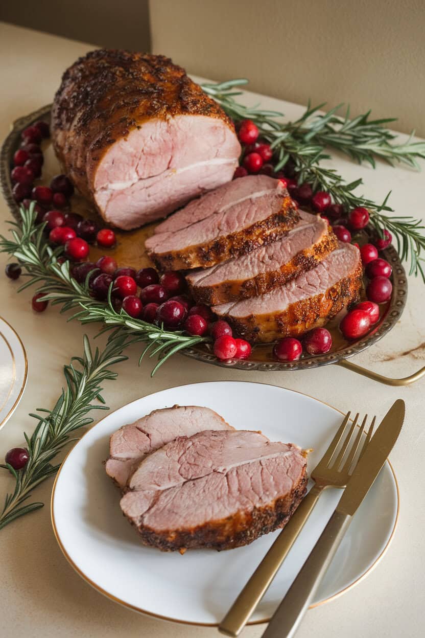 A festive indoor table featuring pork loin slices dotted with ruby cranberries, sprigs of rosemary scattered around; no text or logos.