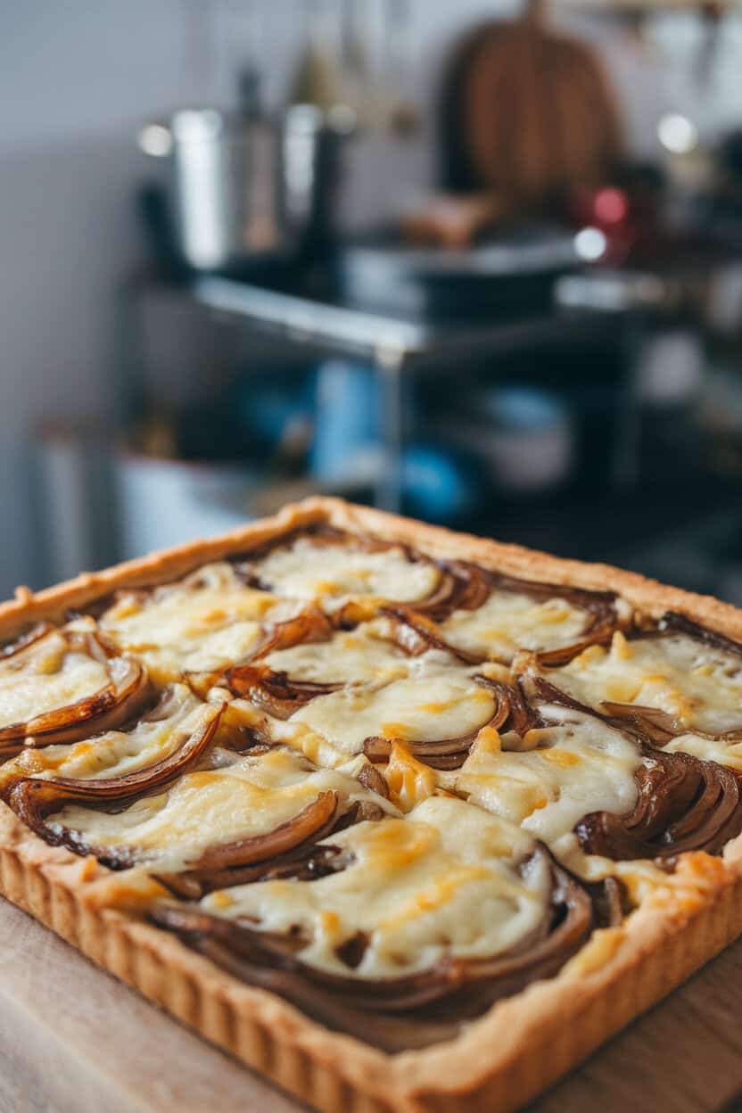 A rectangular tart sliced into squares on an indoor wooden board, layers of caramelized onions visible beneath melted Gruyère. No logos; photo, not illustration.