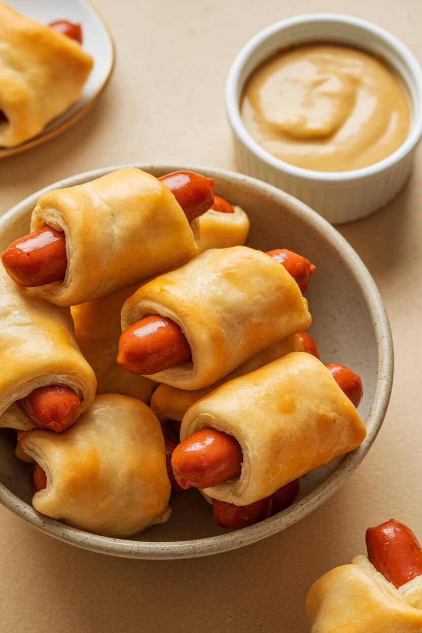 An indoor tabletop photo of cocktail franks wrapped in golden crescent dough, piled in a shallow bowl next to a ramekin of creamy Dijon sauce. No text or logos present.