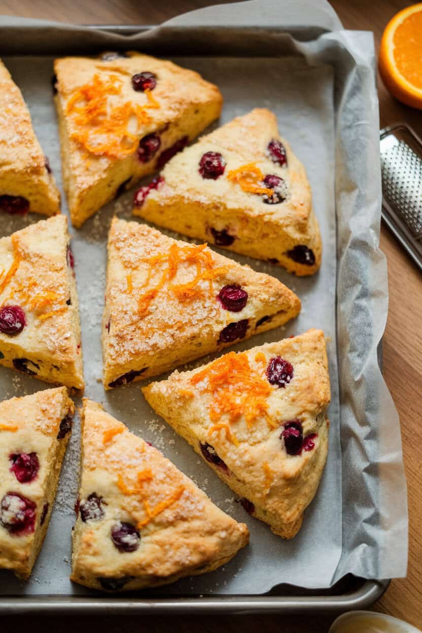 A parchment-lined indoor baking tray holding triangular cranberry orange scones with coarse sugar sparkling on top, an orange zest grater nearby. No text or logos. Photo, not illustration.