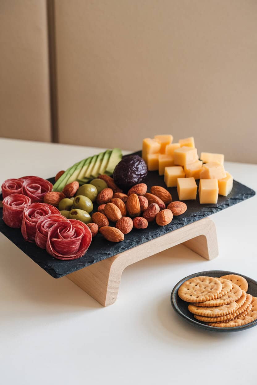 Indoor photo of a slate board displaying salami roses, gouda cubes, avocado slices, olives, and roasted almonds, clean bright lighting, no branding.