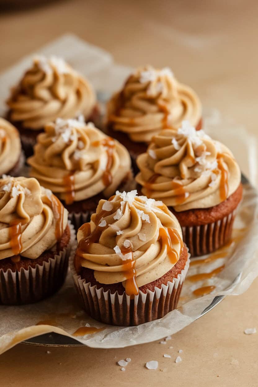 Photo indoors of caramel-swirled cupcakes with a drizzle of salted caramel and a light sprinkle of flaky sea salt, sitting on parchment paper. No logos or text visible.