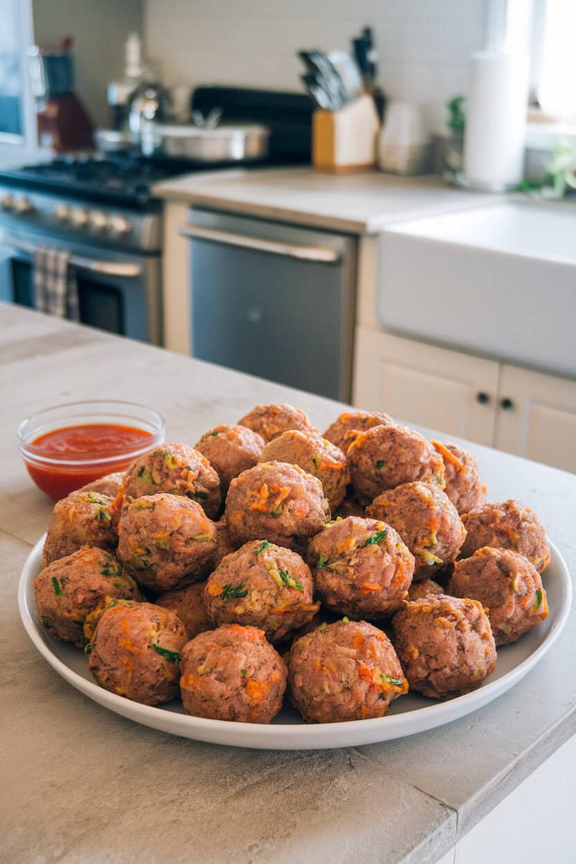 An indoor kitchen island featuring a platter of browned turkey meatballs with visible flecks of grated zucchini and carrot, a small bowl of marinara nearby. Photo only, logo-free.