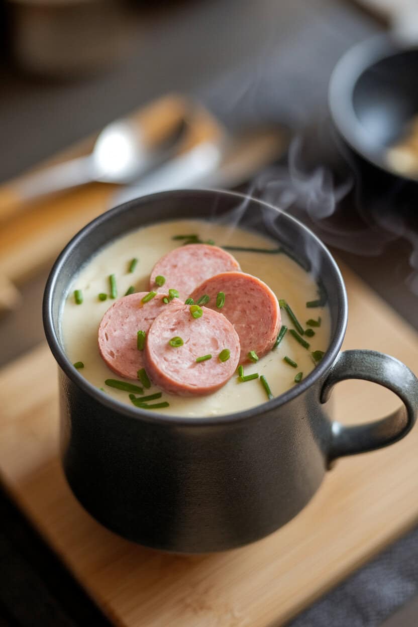 Indoor photo of thick potato soup with sliced smoked sausage and chives, served in a handled mug. No text or logos