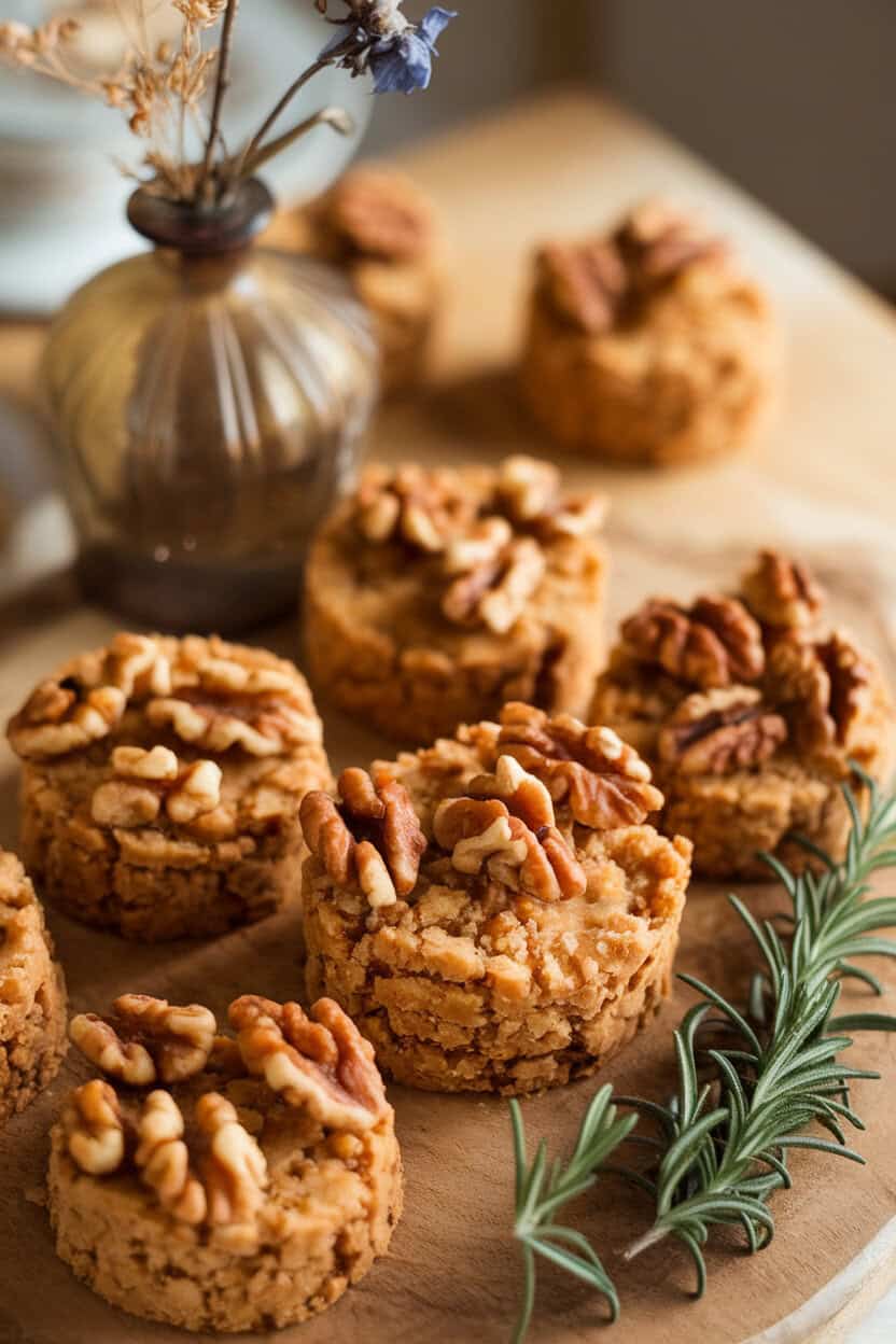 Indoor photo of crumbly maple-infused shortbread rounds topped with toasted walnut halves, soft golden lighting. No text or logos.