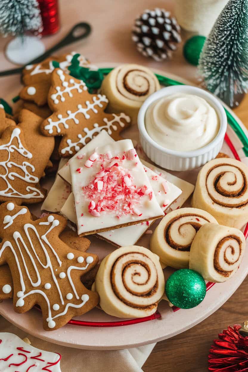 Indoor photo of a board filled with gingerbread cookies, white chocolate bark sprinkled with crushed peppermint, mini cinnamon rolls, and a small bowl of vanilla frosting for dipping. No text or logos. Photo, not illustration.