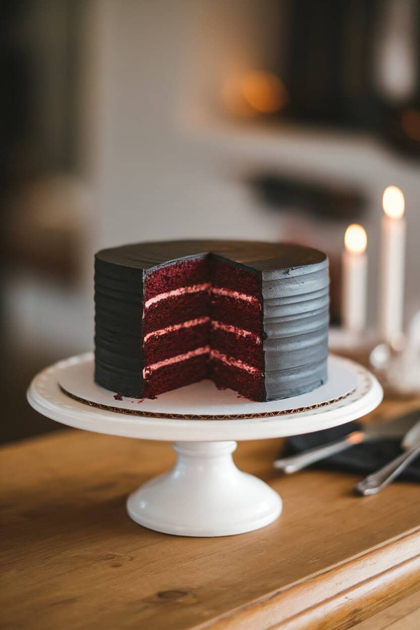 An indoor cake stand holding a matte black frosted layer cake, one slice removed to reveal deep red interior layers. No text or logos; photo only.