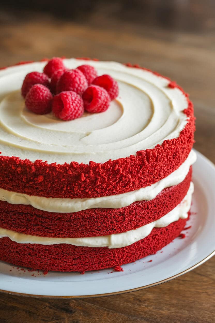 Indoor photo of a red velvet layer cake with cream cheese frosting and a thin ring of red cake crumbs around top edge, no text or logos