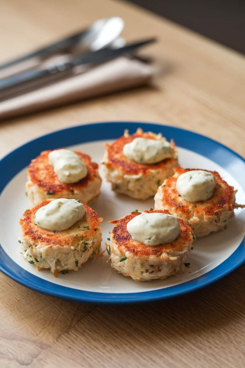 An indoor plate holding small golden crab cakes with a dollop of creamy remoulade on each. No text or logos.