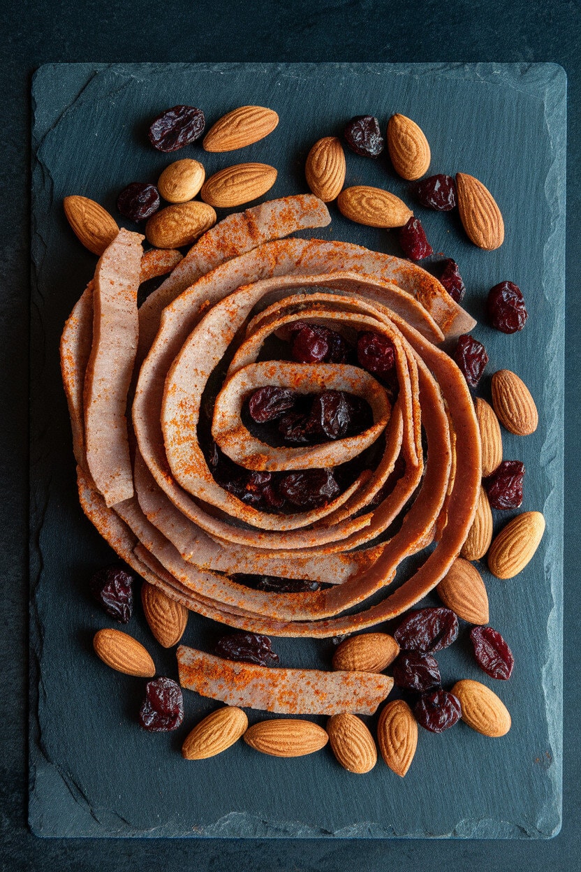 Indoor close-up of turkey jerky strips dusted with chili powder, arranged alongside smoked almonds and dried cranberries on a slate slab. No text or logos.