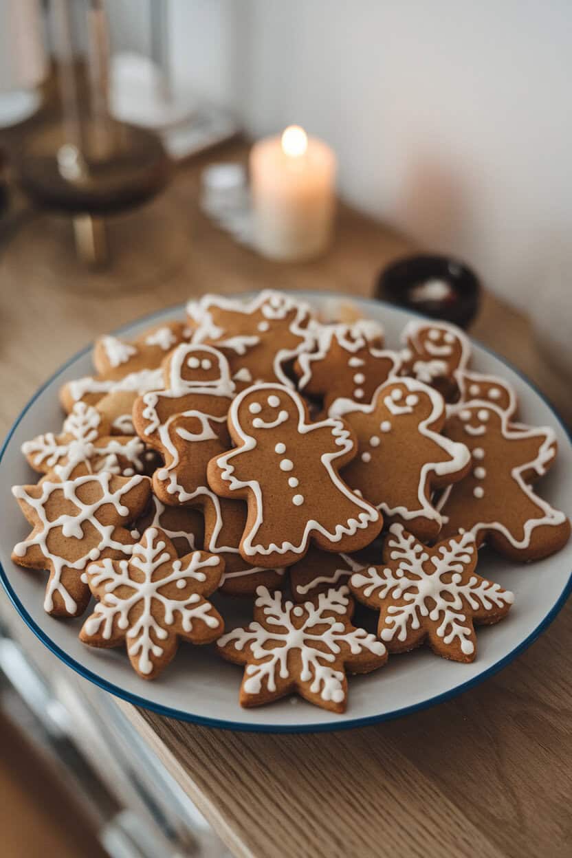 A plate indoors featuring assorted gingerbread men and snowflake cookies, iced in simple white patterns, photographed overhead. No text or logos on plate.