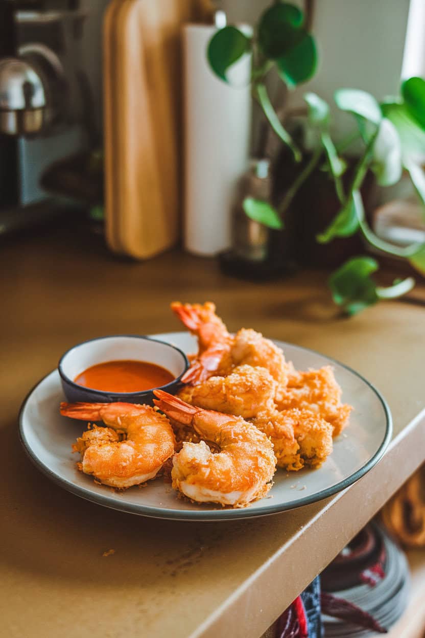 A plate on a kitchen island with golden coconut-crusted shrimp and a small bowl of sweet chili sauce. Indoor lighting, no text or logos.