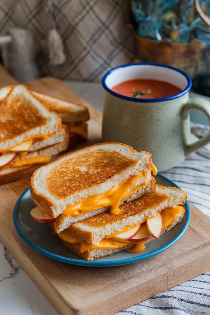 A cutting board with golden grilled cheese sandwiches oozing cheddar and apple slices, next to a mug of tomato soup, all indoors. No logos; photo, not illustration.