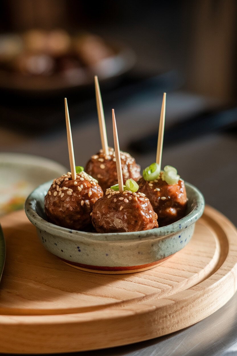 Photo of a small ceramic dish indoors with glazed beef meatballs on toothpicks, garnished with sesame seeds and scallions; soft spotlight, no text or logos