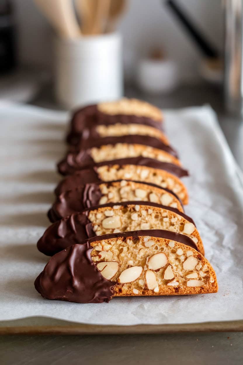 A line of almond biscotti halves dipped in dark chocolate resting on parchment atop an indoor counter. No text or logos. Photo, not illustration.