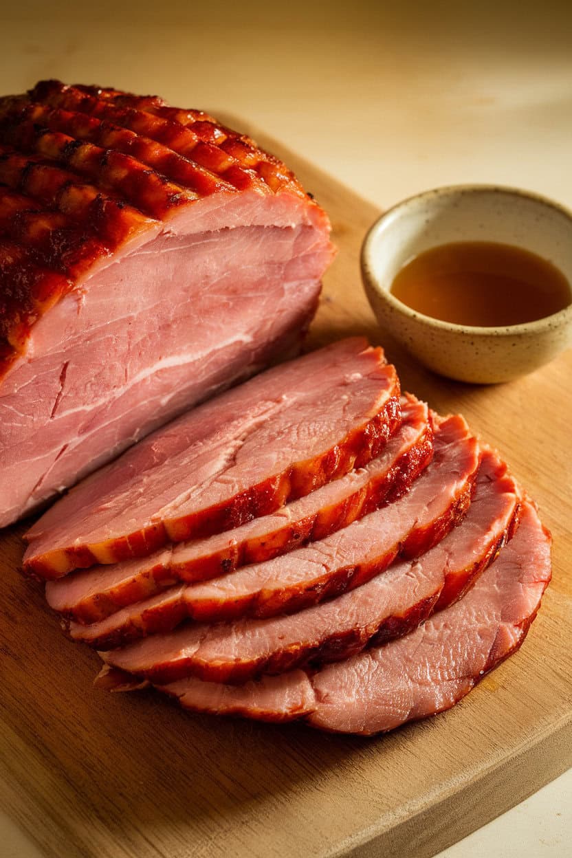 An indoor carving board holding sliced baked ham, glaze glistening under warm light, with a small bowl of extra glaze nearby. No text or logos. Photo, not an illustration.