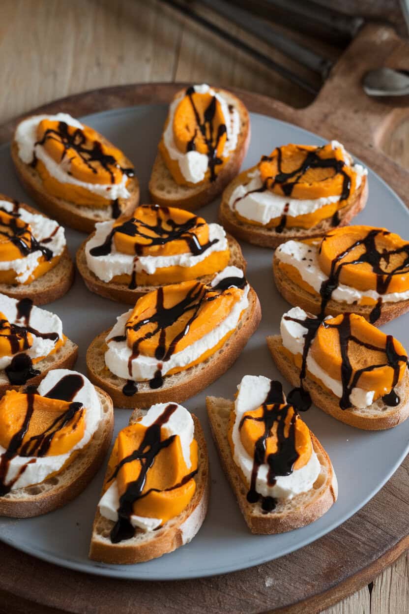 Indoor photo of toasted baguette slices topped with mashed roasted squash, goat cheese, and balsamic glaze; arranged on a platter, no text or logos.
