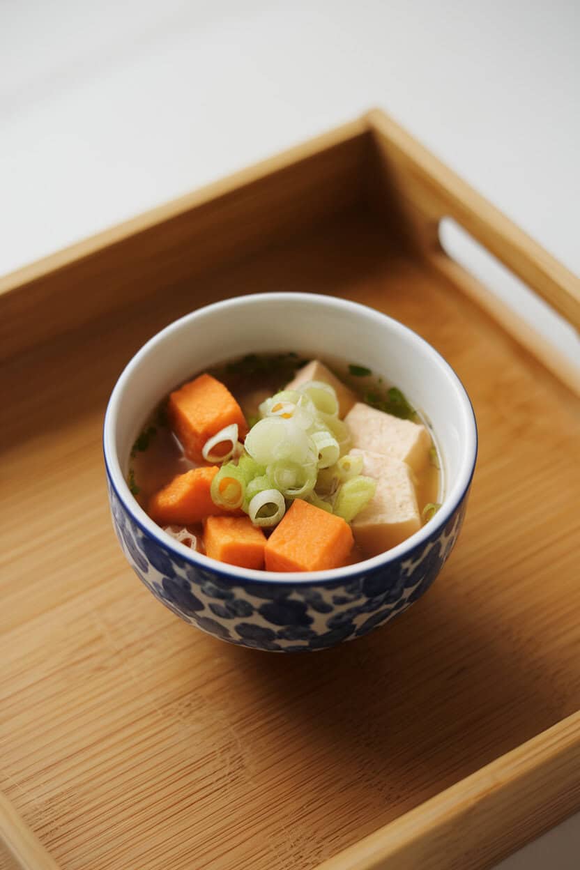 Photo of a small soup bowl containing miso broth, sweet potato cubes, tofu, and scallions, set on an indoor wooden tray. No text or logos.