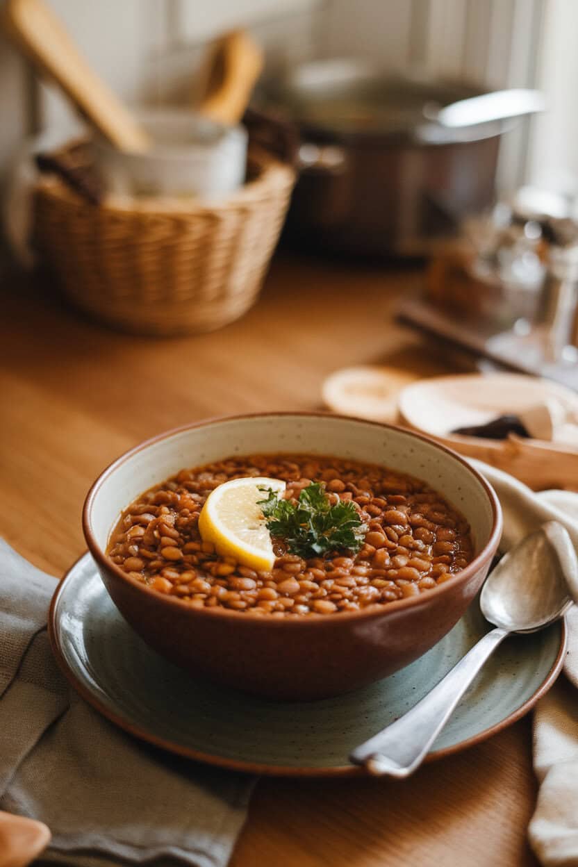 A warm indoor kitchen table displaying a bowl of hearty lentil soup garnished with a lemon wedge and parsley. Photo only, text-free and logo-free.