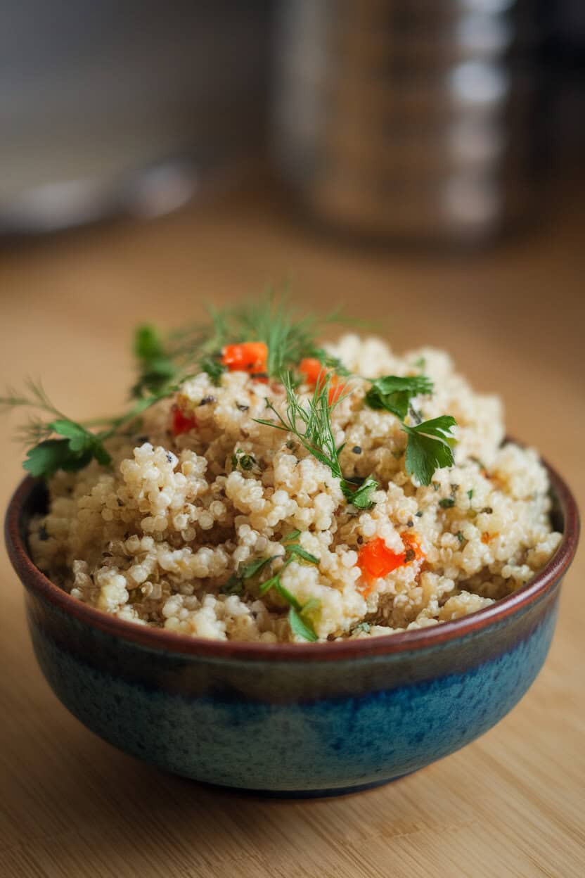 An indoor ceramic bowl of fluffy cooked quinoa flecked with parsley, dill, and diced red pepper. Soft lighting; no logos or text visible. Photo only.