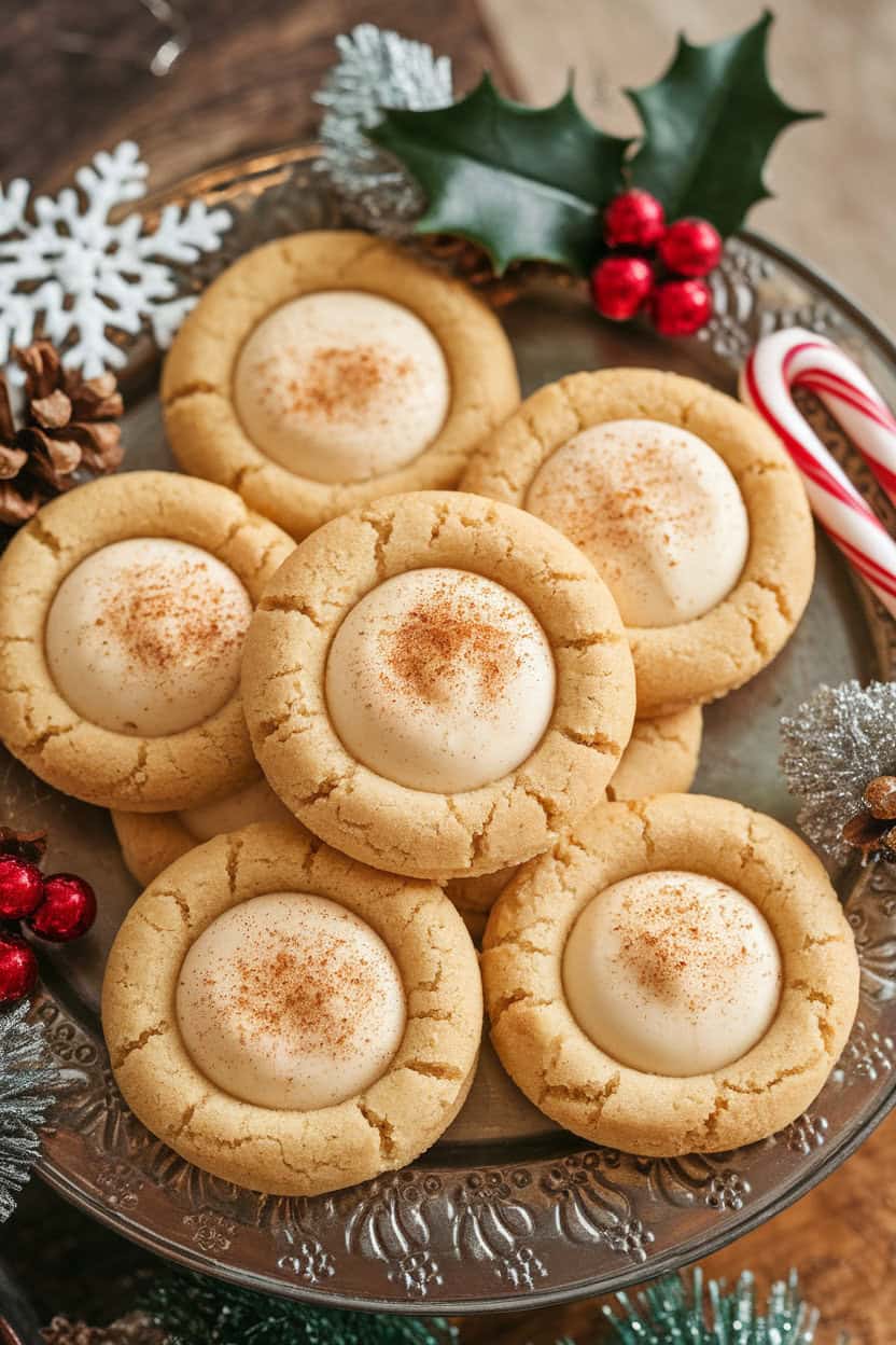 An indoor photo of thumbprint cookies filled with creamy eggnog custard, lightly dusted with nutmeg, on a decorative holiday tray. No logos or text.