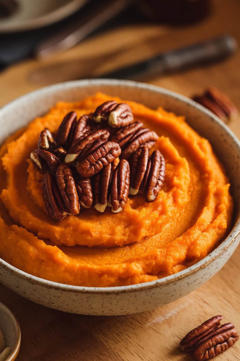 Indoor photo of creamy orange sweet potato mash topped with glossy maple-candied pecans in a serving bowl. No text or logos.