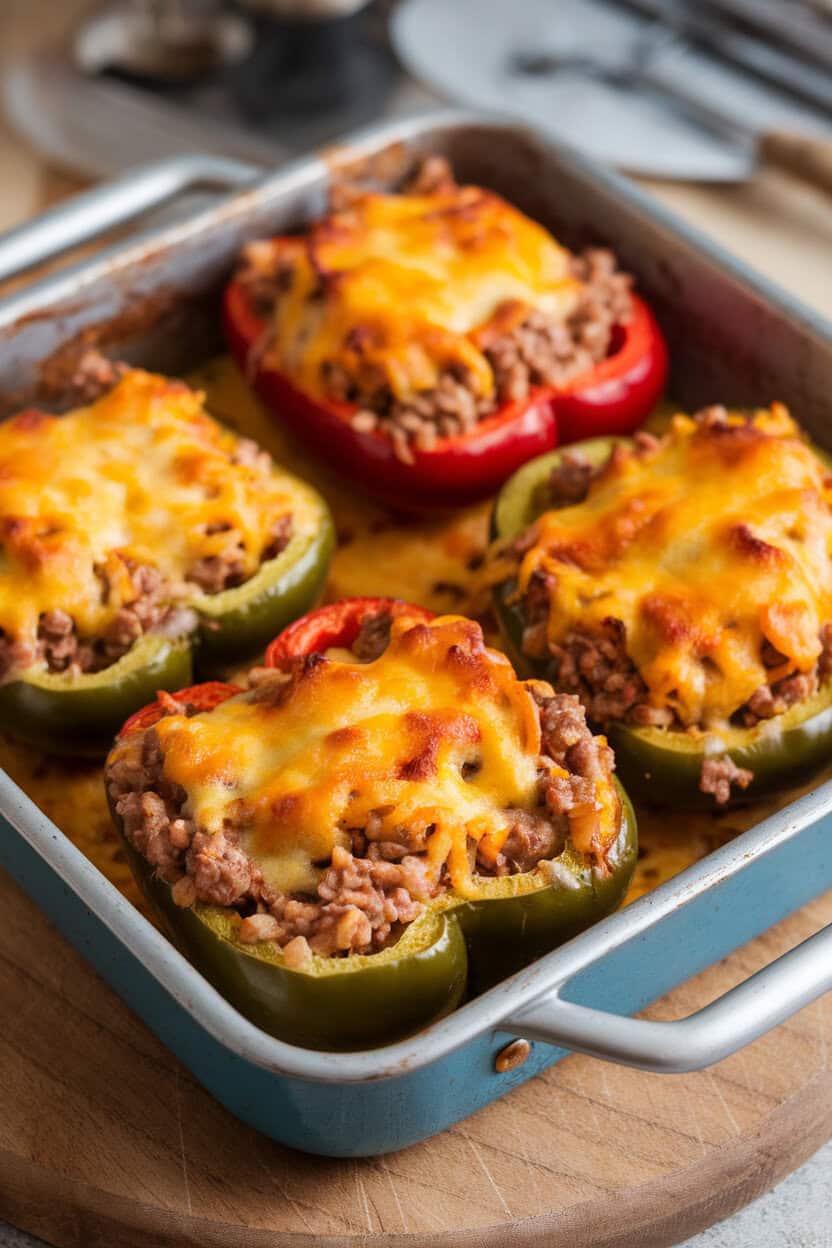 Indoor photo showing halved bell peppers in a baking dish, filled with cheesy beef and rice mixture, tops browned and bubbly. No text or logos present.
