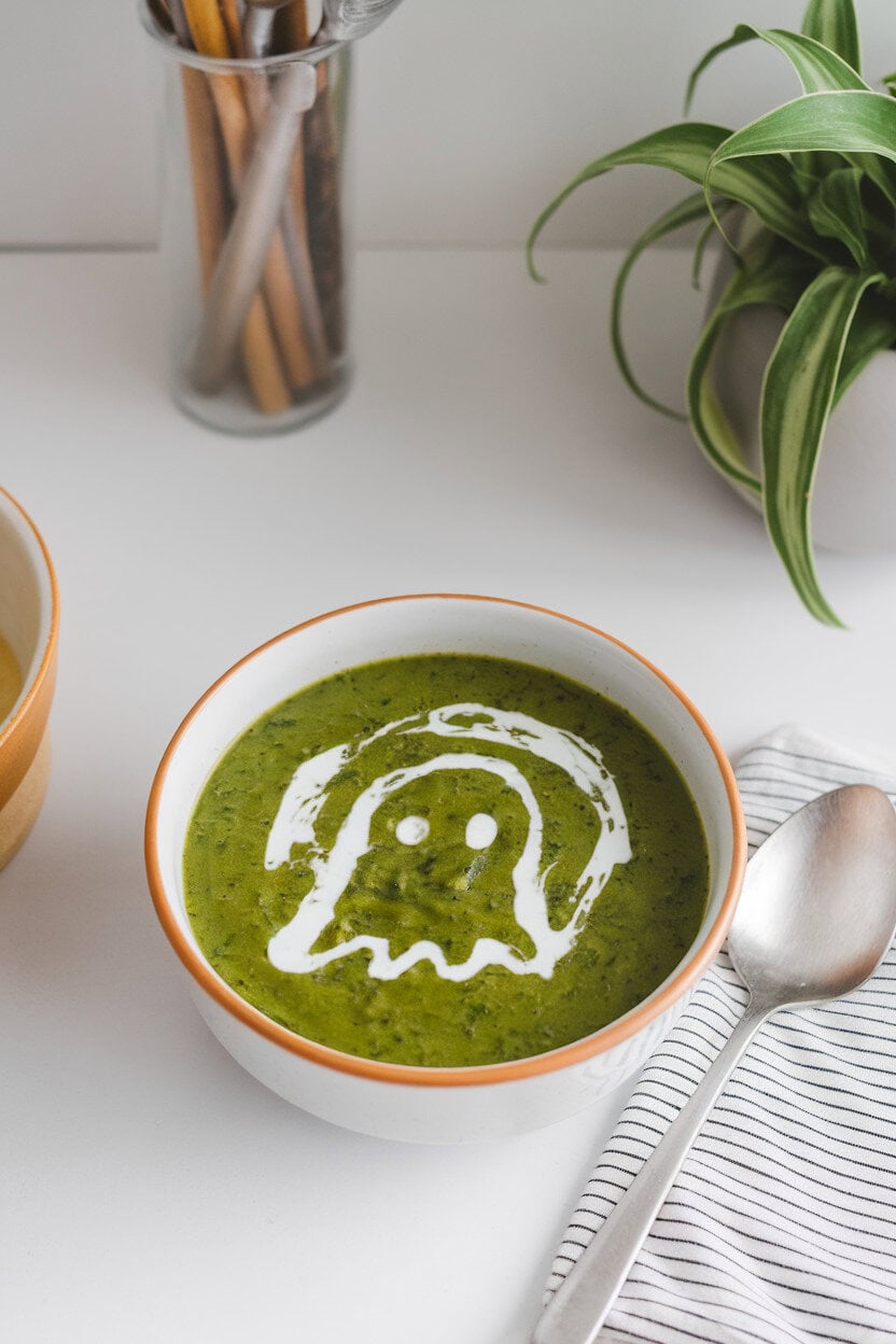 An indoor soup bowl filled with vivid green broccoli-spinach soup, a swirl of coconut cream spelling a simple ghost outline on top. No logos or text.
