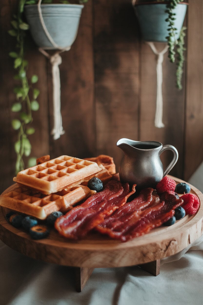 Indoor photo of a breakfast board with mini waffles, thick slices of cooked maple bacon, cinnamon-dust berries, and a small pitcher of warm syrup. Cozy morning lighting; no text or logos. Photo, not illustration.