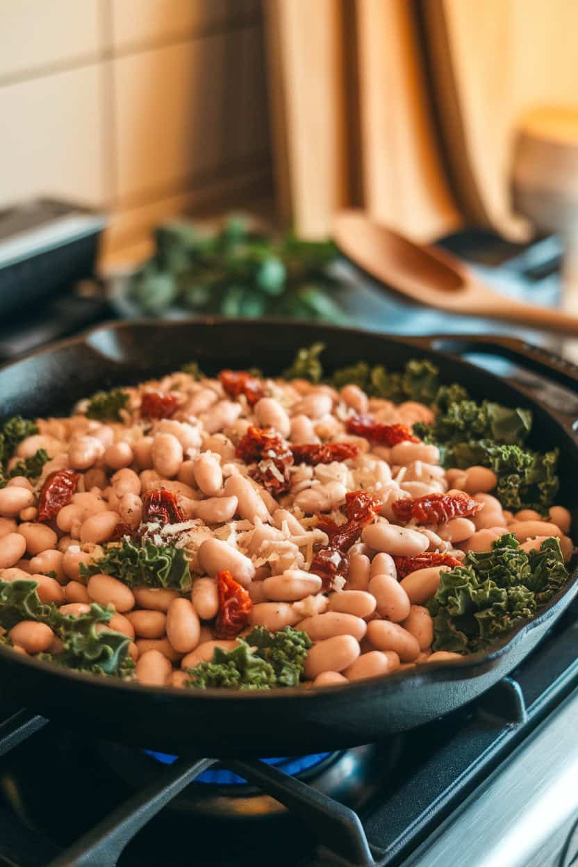A cast-iron skillet filled with creamy white beans, sun-dried tomatoes, kale, and Parmesan, on an indoor stovetop. No logos; photo, not illustration.