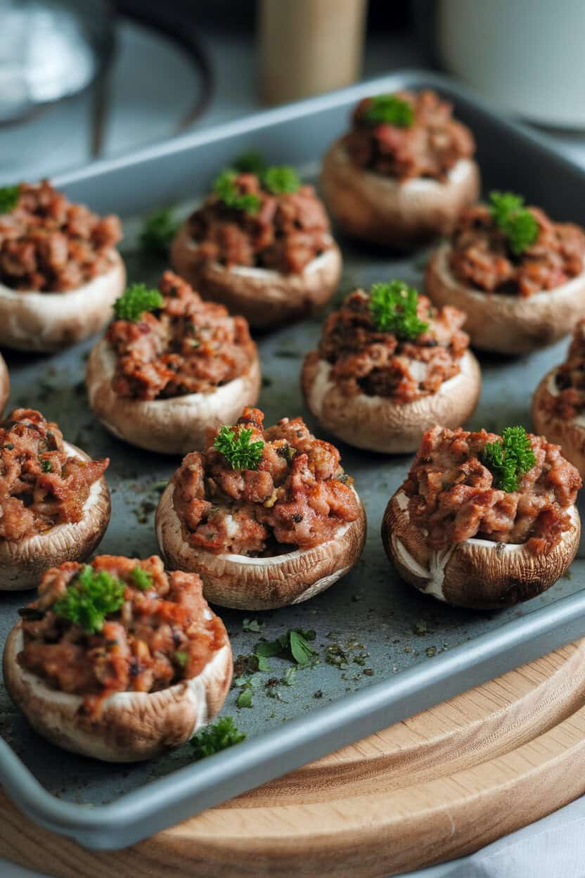 Indoor oven tray with browned sausage-stuffed mushroom caps, parsley sprinkled on top, no text or branding visible.