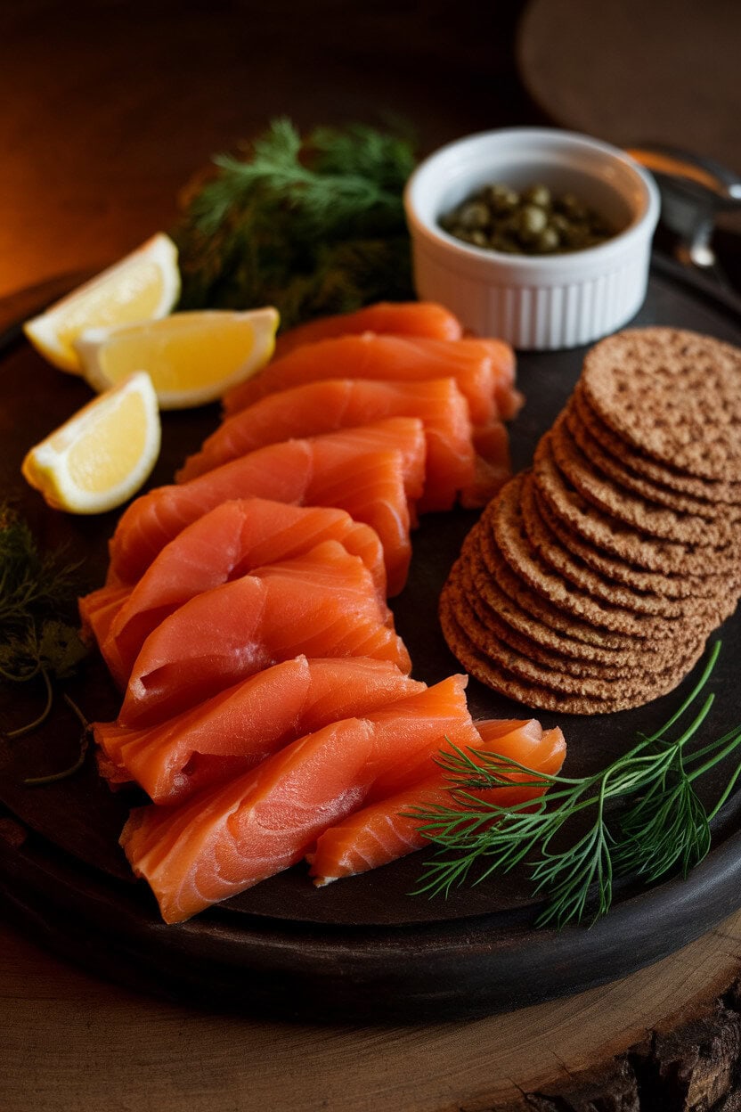 Indoor photo of a dark wooden board topped with slices of cooked smoked salmon, dill sprigs, lemon wedges, capers in a ramekin, and rye crackers neatly fanned. Warm fireplace-like lighting; no text or logos. Photo, not illustration.