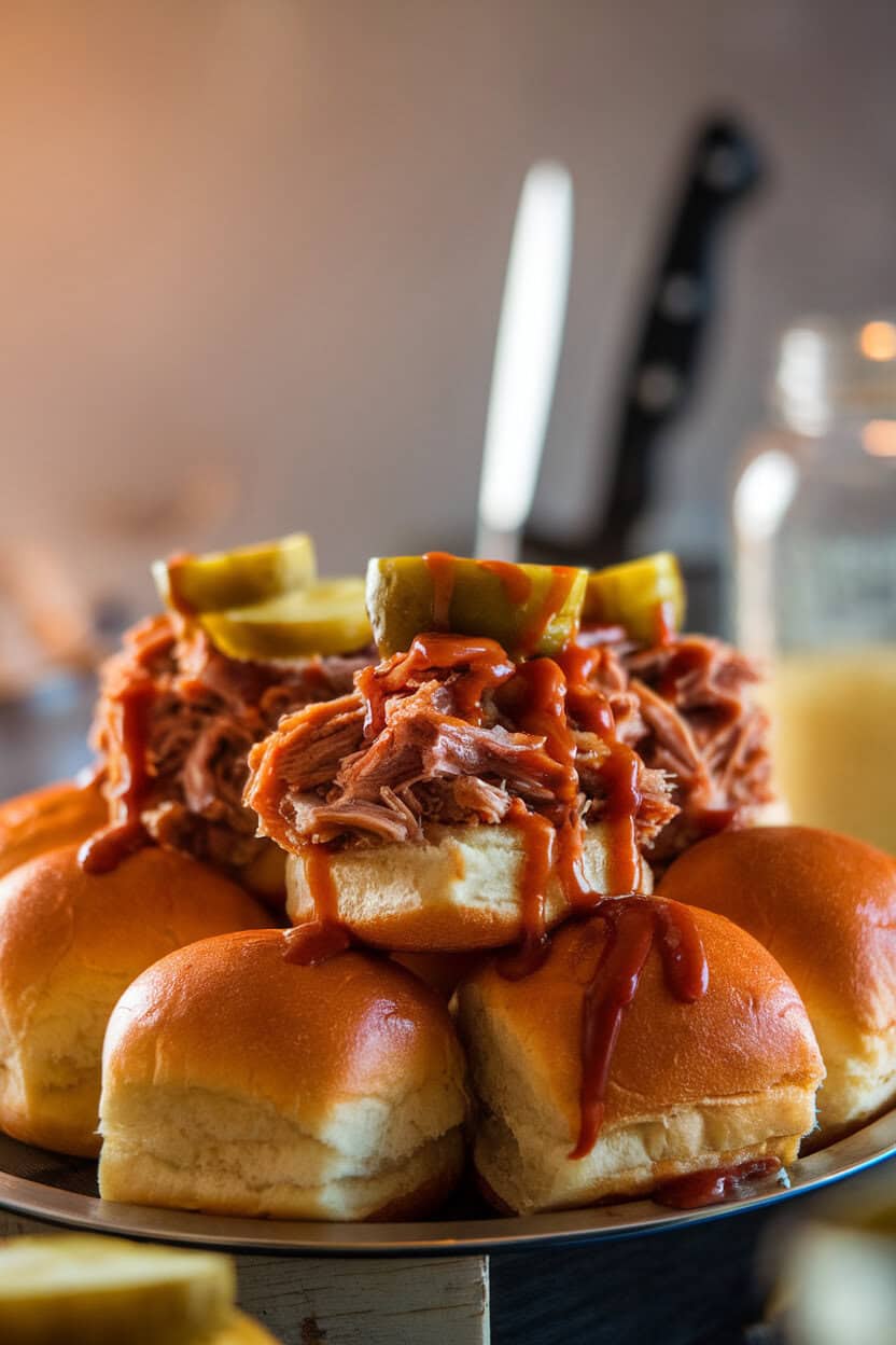 An indoor countertop featuring mini brioche buns piled with saucy pulled pork and pickles on a platter; photo, no text or logos.