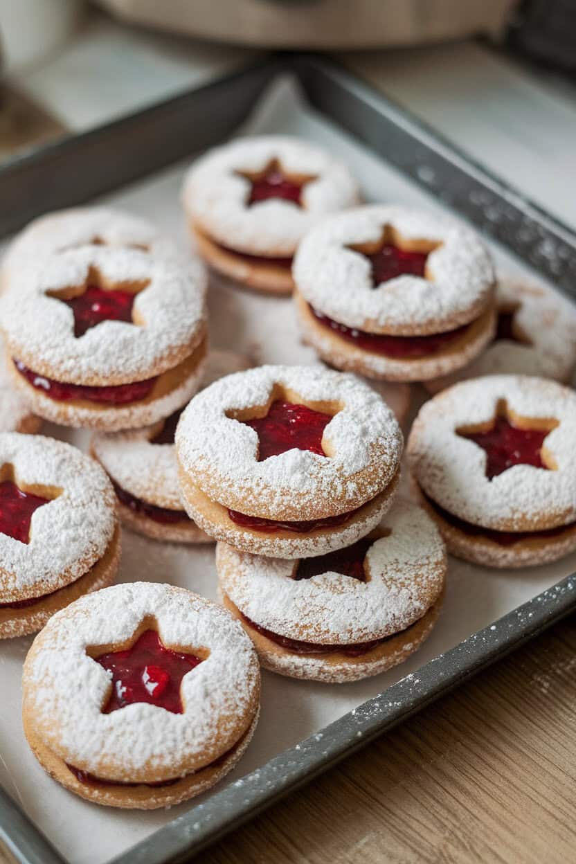 Photo prompt: An indoor cookie tray displaying round almond sandwich cookies with raspberry jam peeking through star-shaped cutouts, dusted with powdered sugar, no text or logos.