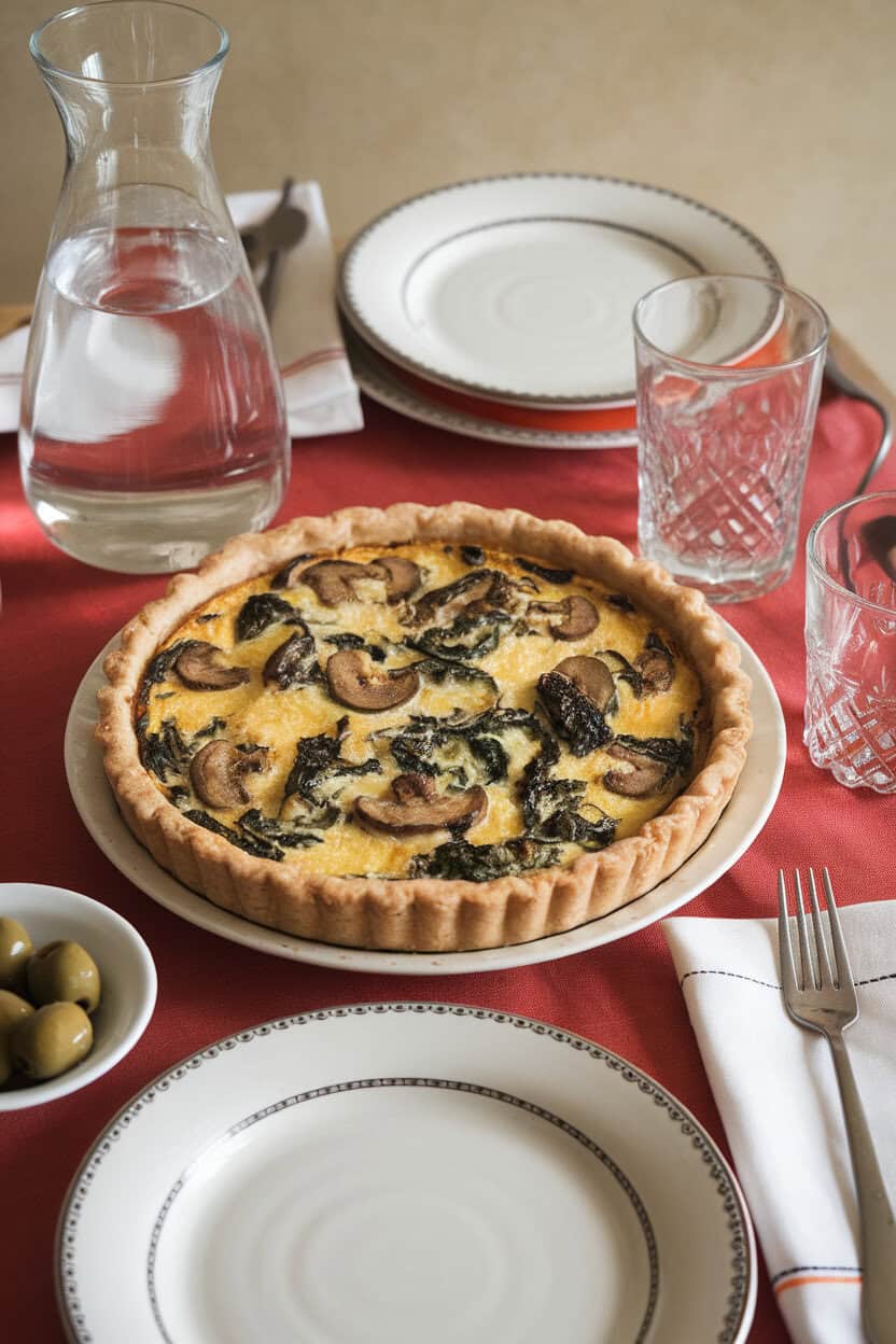 An indoor brunch table featuring a sliced mushroom and spinach quiche in a flaky crust, served in a pie plate. No text or logos. Photo, not an illustration.