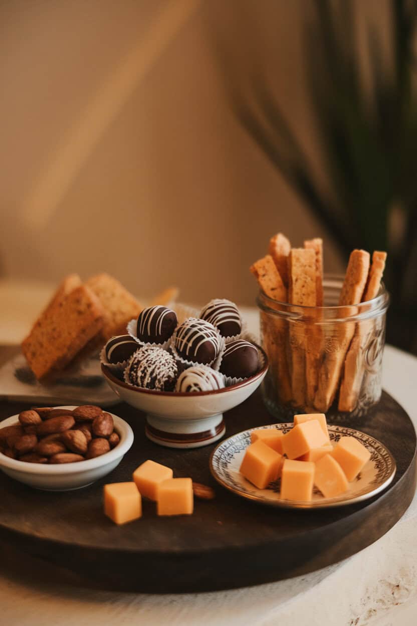 Warm indoor photo of chocolate truffles, espresso-dusted almonds, thin biscotti, and small cubes of Irish cheddar on a dark wooden board. No text or logos.