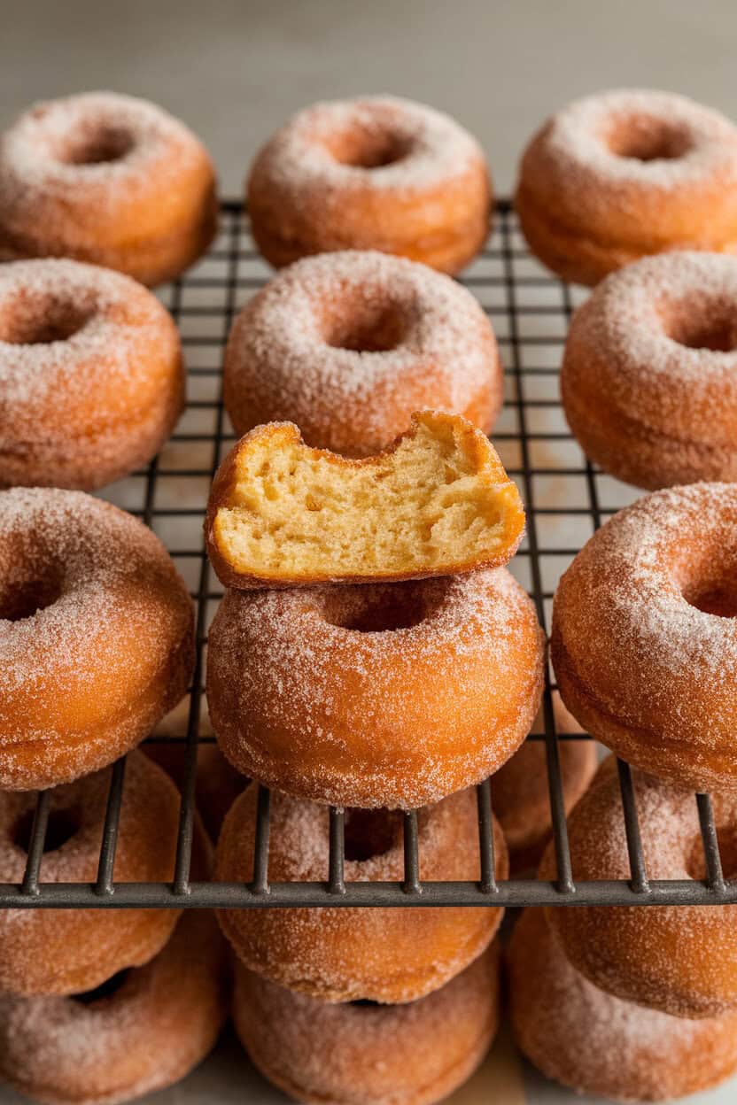 An indoor bakery rack holding cinnamon-sugar-coated apple cider doughnuts, one doughnut cut open to show tender crumb; no text or logos. Photo, not illustration.