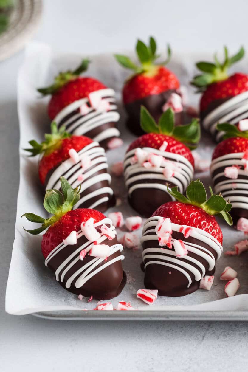 An indoor dessert tray photo of red strawberries half-dipped in glossy dark chocolate and sprinkled with crushed candy cane pieces, set on parchment. No text or logos.