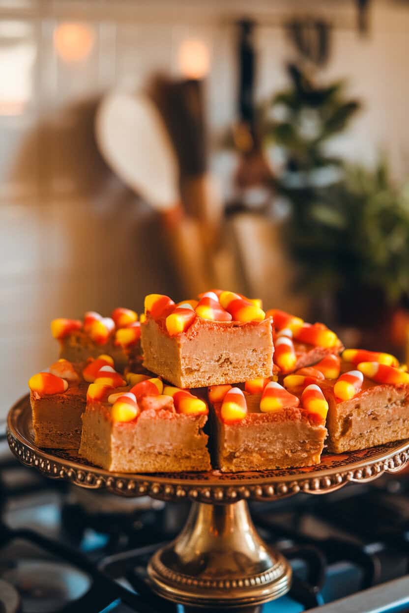 An indoor kitchen counter scene with a platter of golden blondie squares studded with bright candy corn pieces, captured from a 45-degree angle. Warm, soft lighting highlights the gooey texture; no text or logos anywhere. Photo only, no illustration.