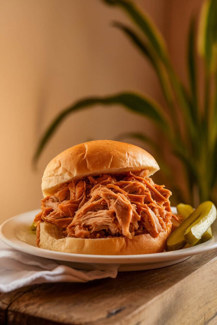 Plate of saucy pulled turkey piled high on a soft bun with pickles, indoor table scene, no text or logos.