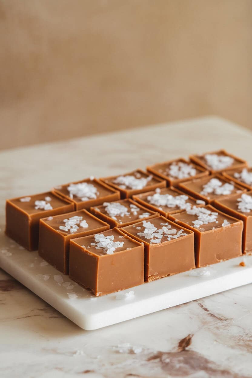 An indoor marble slab topped with neat squares of salted caramel fudge, flaky sea salt sprinkled on each piece; no text or logos. Photo, not illustration.