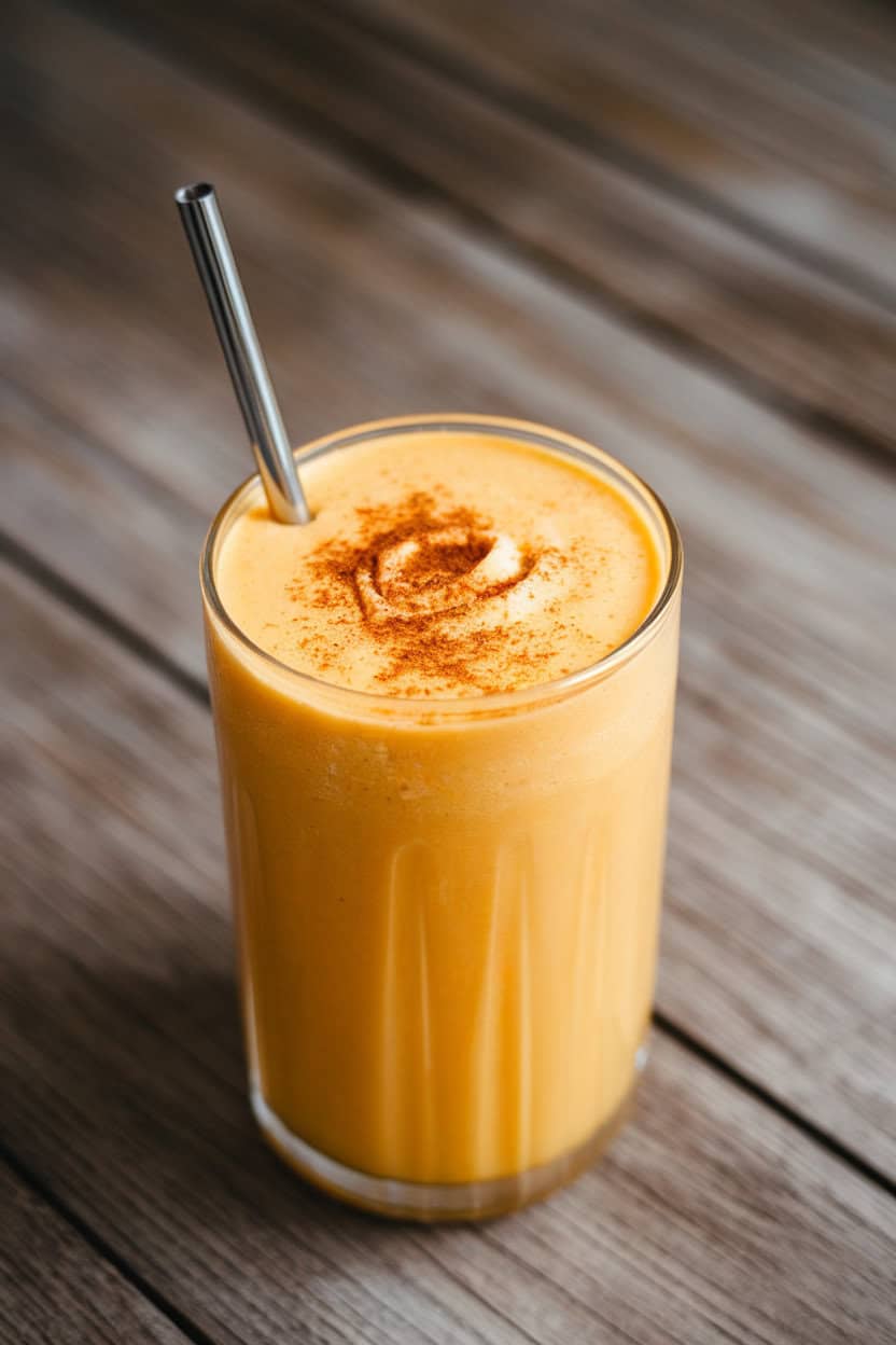 Indoor photo of a tall glass filled with orange butternut squash smoothie topped with cinnamon, straw inserted; no text or logos.