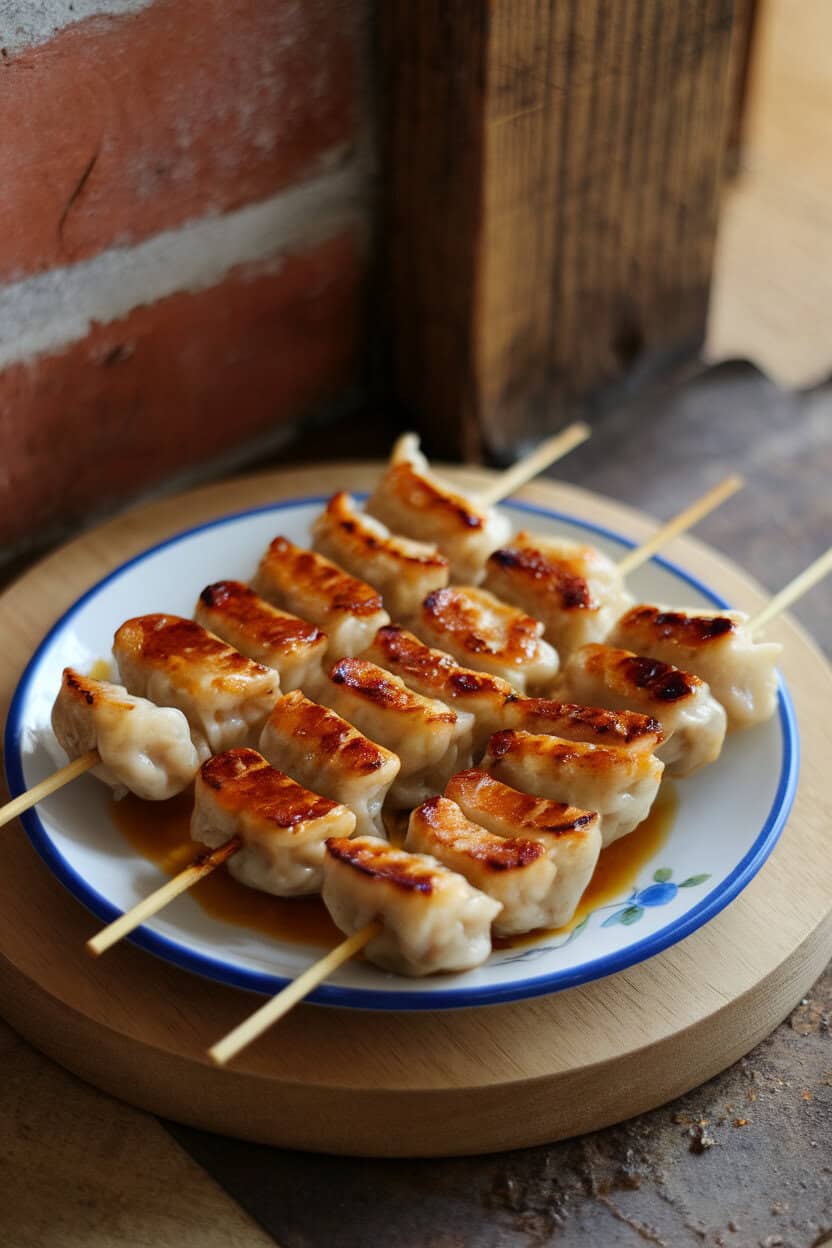 An indoor plate with skewers of grilled rice dumplings glazed in glossy soy-sugar sauce, steam still rising. No text or logos present. Photo, not illustration.