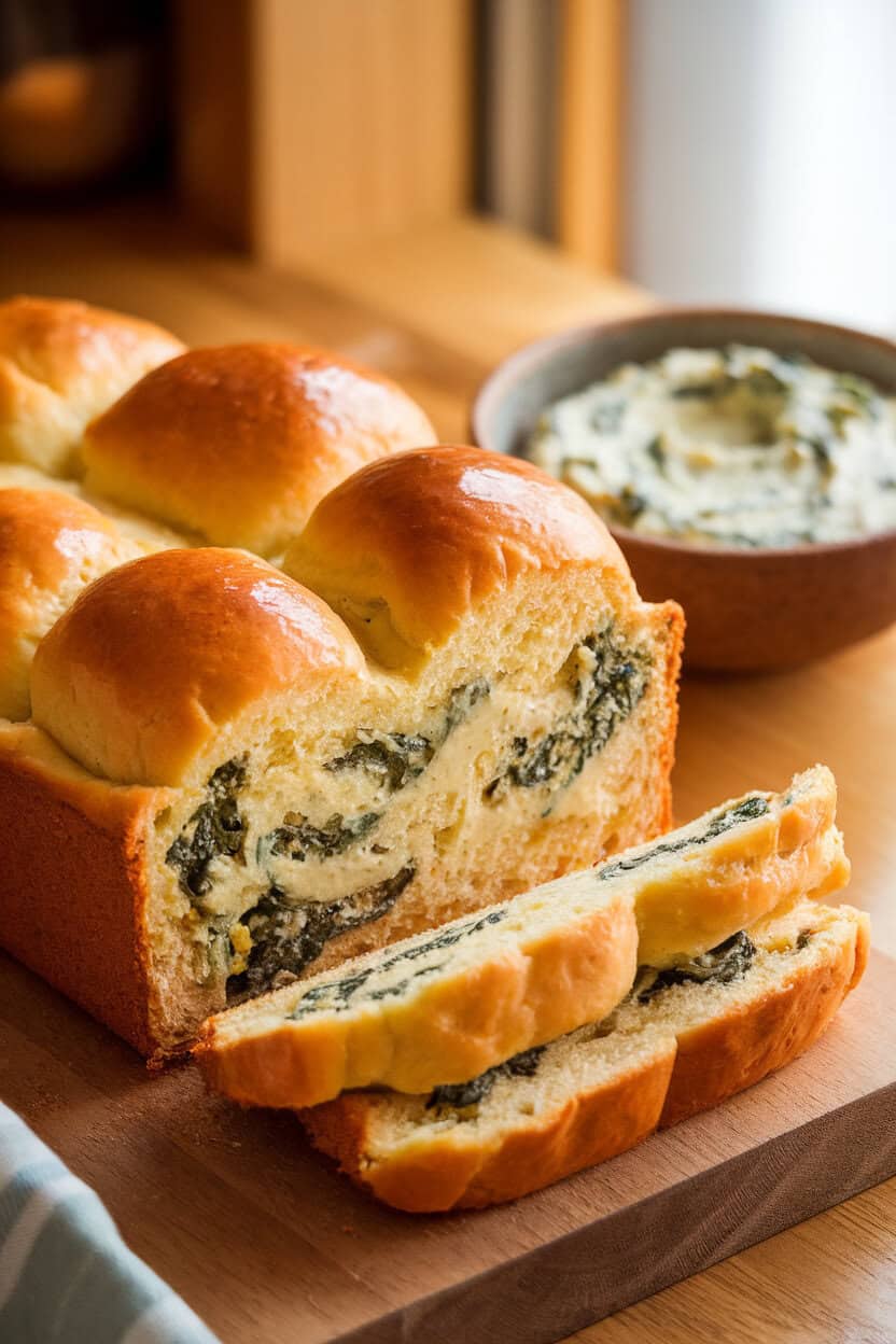A warmly lit indoor table with a golden pull-apart loaf oozing creamy spinach-artichoke filling between layers—photo, no text or logos