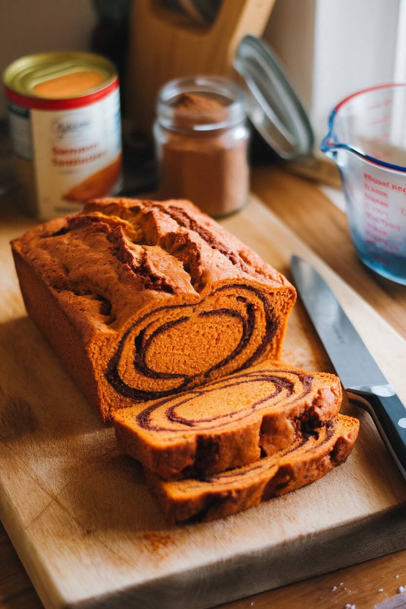 Photo of a sliced loaf of sweet potato quick bread with a visible cinnamon swirl, resting on a cutting board in a warmly lit kitchen. No text or logos.
