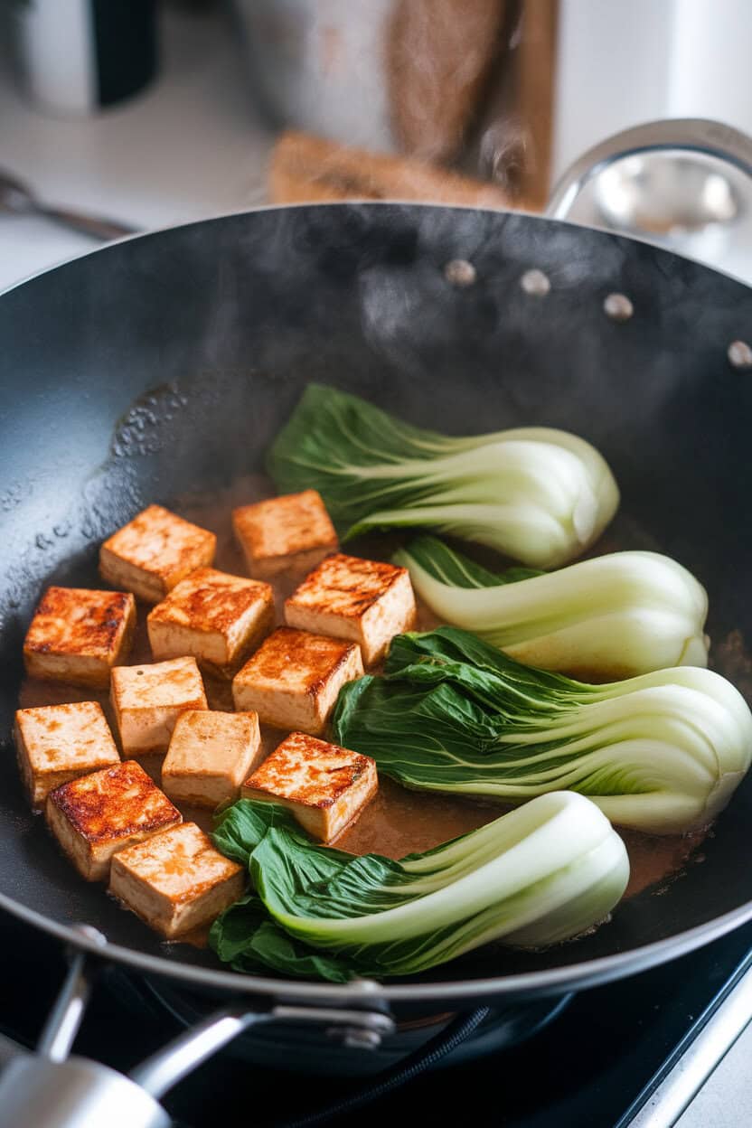 An indoor wok containing browned tofu cubes and bright green bok choy in a glossy sesame-ginger sauce, steam rising. No text or logos on cookware.