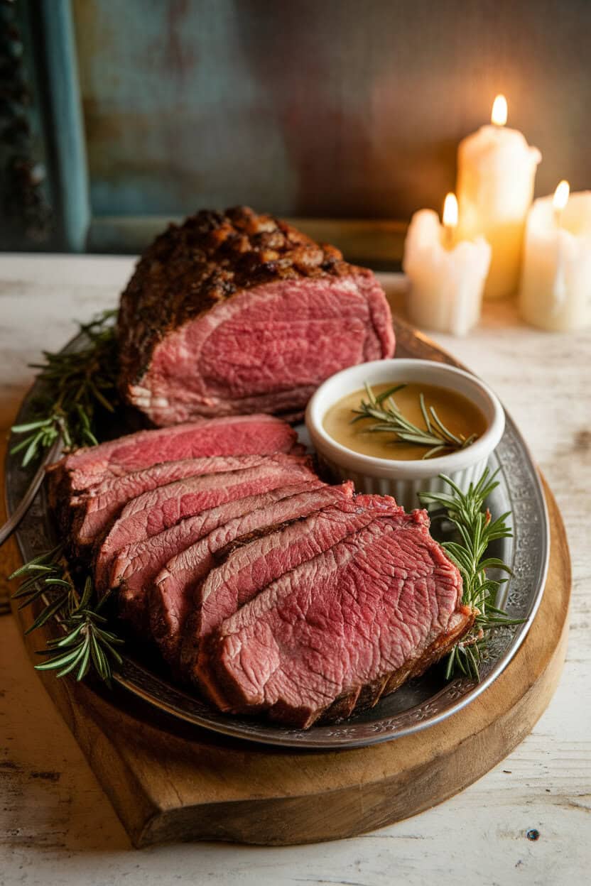 Photo of medium-rare prime rib slices arranged on a platter, small bowl of rosemary jus alongside, candlelit indoor backdrop. No text or logos visible.
