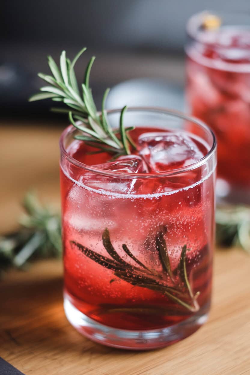 An indoor tumbler filled with sparkling cranberry mocktail, rosemary sprig garnish, ice cubes glinting—no text or logos.