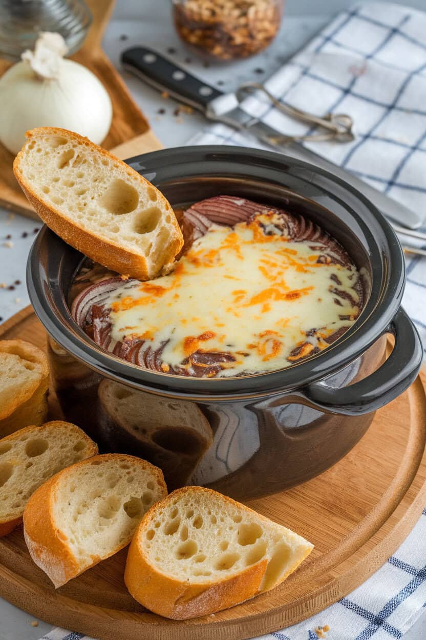 An indoor kitchen counter with a crock filled with onion soup, topped with melted Gruyère over toasted baguette slices. No logos or text; photo, not illustration.