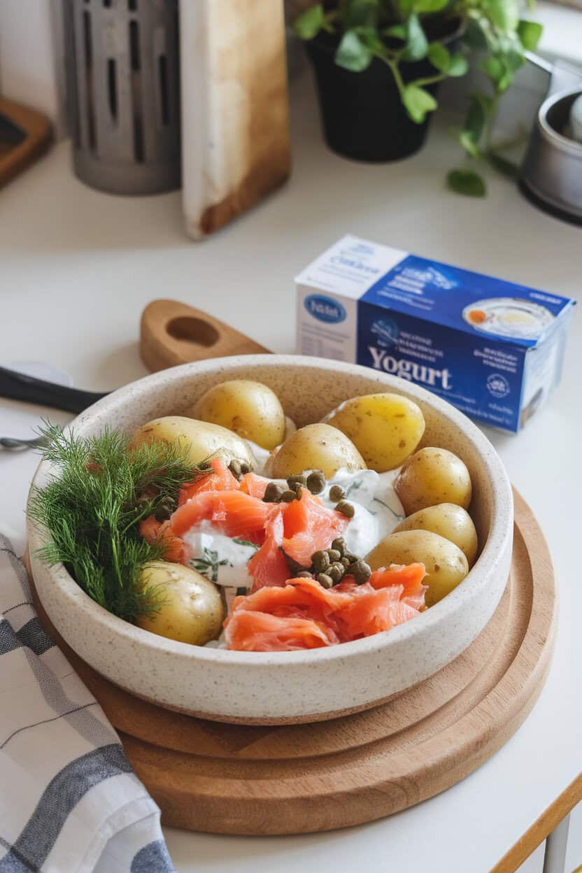 An indoor kitchen scene with a stoneware bowl of baby potatoes, flaked smoked salmon, fresh dill, and capers in a light yogurt dressing. No text or logos; photo, not illustration.